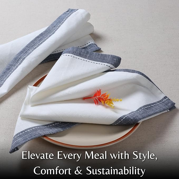 Ramanta Home Cloth Napkins Set of 4 Textured Cotton 18x18 - Premium Contrast Border Fall Thanksgiving Dinner Napkins for Christmas Farmhouse Wedding, Soft Washable Table Linen for Everyday Use - White
