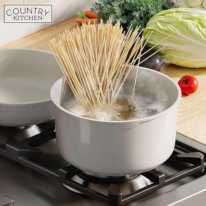 Country Kitchen Cookware Set with Removable Handle, Oven & RV Safe Pots and Pans Set, Cream Gold Speckle Wood Handle, Original