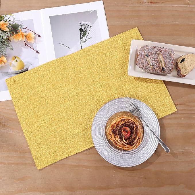 SHACOS Woven Fabric Placemats Set of 4 Heat Resistant Place Mats Non Slip Washable Double Layer Cloth Placemats Reversible Table Mats Kitchen Dining Table Decor (4, Yellow)