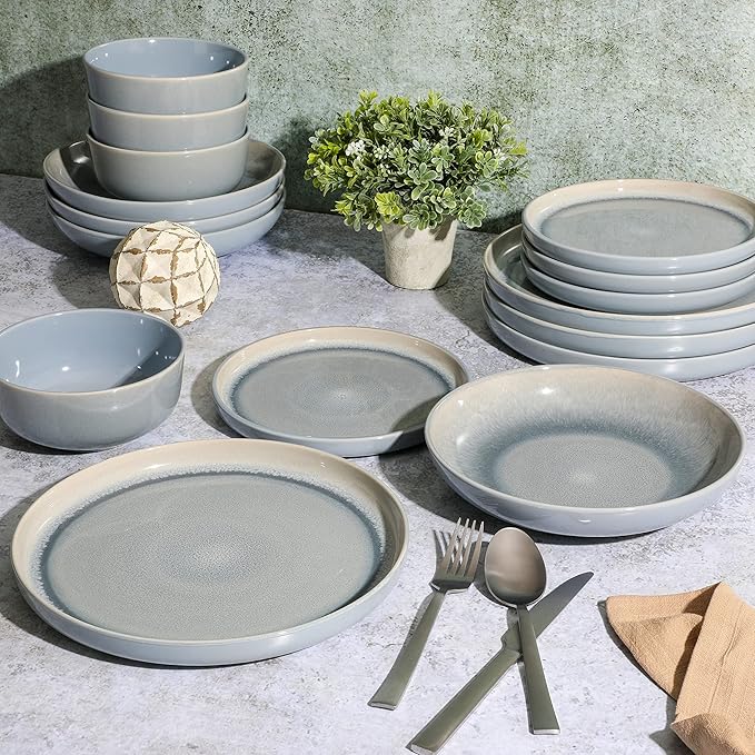 Gibson Elite Juno Moon 16-Piece Reactive Blue Double Bowl Dinnerware Set – Durable Stoneware Plates and Bowls