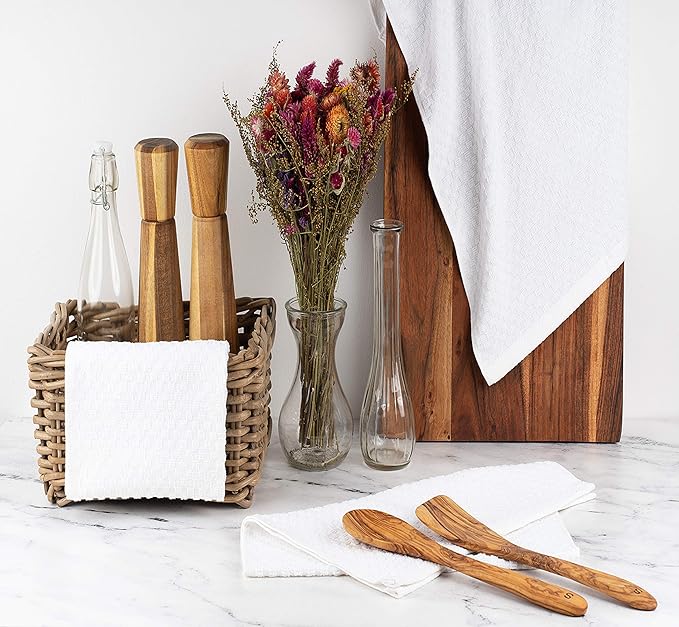 Wealuxe Premium 12 Pack Cotton Dobby Weave Kitchen Towels, Black/White, 15x26 Inches, 410 GSM, Machine Washable