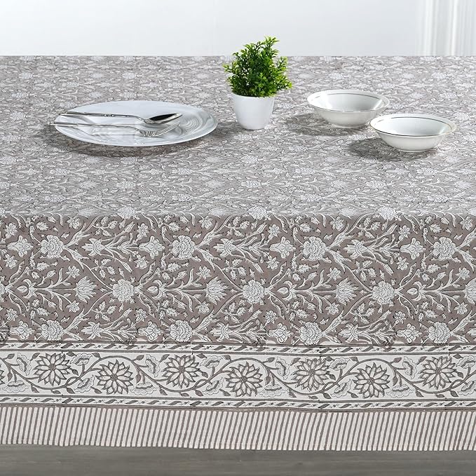 Ridhi Taupe Hand Block Print Cotton Rectangle Tablecloth 120 x 80 inches Reusable Table Cover Decorative Everyday Use for Dining Room, Farmhouse, Home, Party, Festive & Wedding, Fall