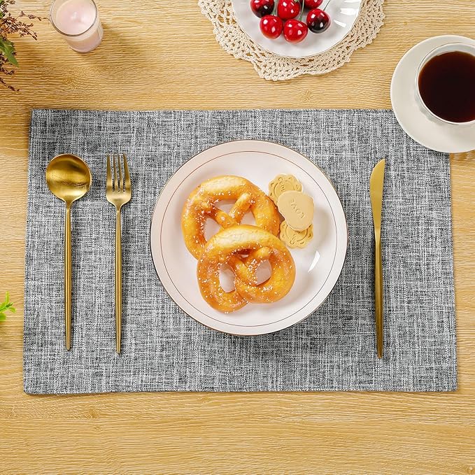 SHACOS Fabric Placemats Set of 6 Washable Heat Resistant Place Mats Non Slip Thick Cloth Placemats Reversible Table Mats Indoor Outdoor Home Wedding Table Decor, Light Grey White