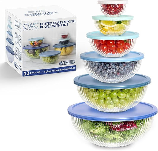 COOK WITH COLOR 12 Pc Glass Mixing Bowl Set with Lids – Borosilicate Glass Nesting Bowls for Cooking, Baking and Meal Prep, Fluted Blue