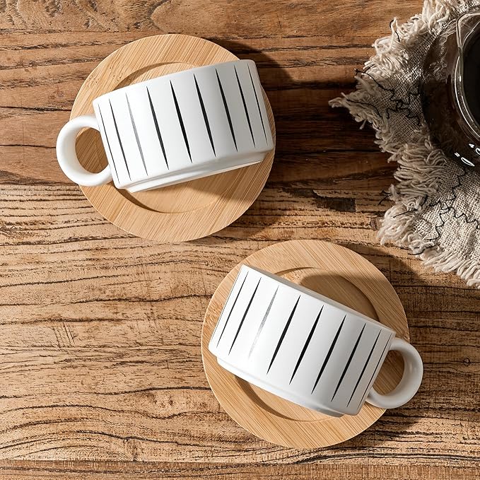 LUKA 6 Ounce Porcelain Stackable Espresso Cups with Saucers and Metal Stand Set of 4, Ceramic Cappuccino Cups Set for Specialty Coffee Drinks, Latte, Cafe Mocha and Tea, Stripes, White