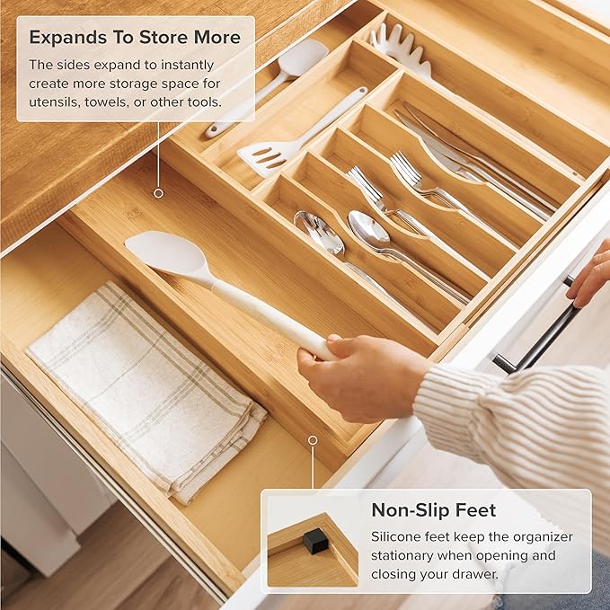 KitchenEdge Premium Silverware, Flatware and Utensil Organizer for Kitchen Drawers, Food-Safe Contract Grade, Expandable from 14 to 25 In, Natural Bamboo
