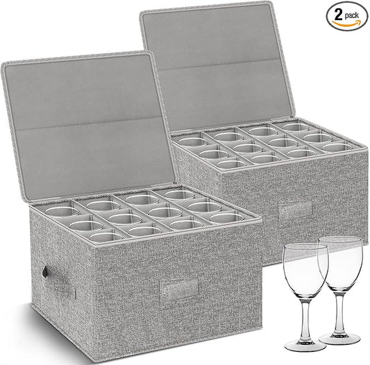 Wine Glass Storage Box 2-Pack, Stemware Container Cases, Stackable w/Hard Shell Top Sides Bottom, Moving Supplies, China Storage Containers for 24 Crystal Glasses Drinkware 9.2'' Tall, Grey