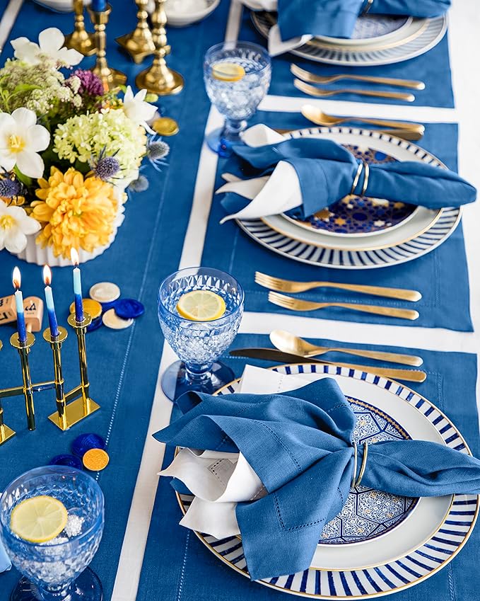 Solino Home Linen Placemats Set of 4 - Classic Hemstitch Indigo Blue Placemats 14 x 19 Inch - 100% Pure Linen Table Mats for Fall, Autumn, Christmas, Holiday, Winter