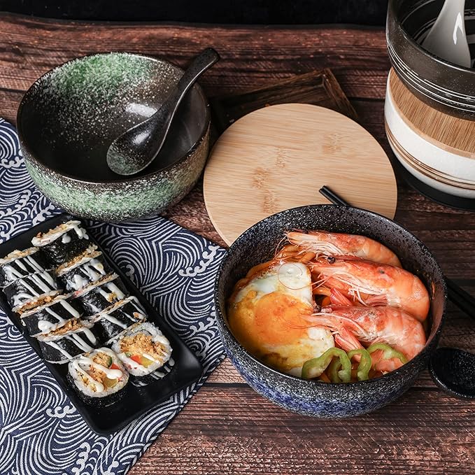 38 OZ Large Ceramic Ramen Bowls 2 Sets(8 Piece)， Japanese ramen bowls, soup bowl, noodle bowls with Spoons and Chopsticks For Salad, Rice, Noodles, Microwave & Dishwasher Safe (Ramen bowl 2 sets)