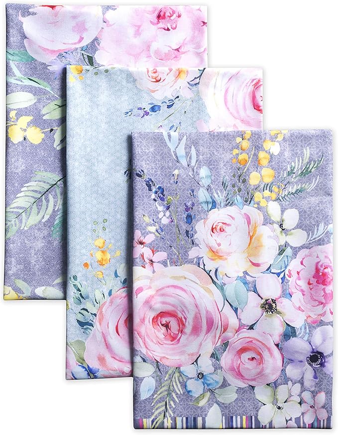 Maison d' Hermine Kitchen Towels Set of 3 100% Cotton 27.50" x 20" Reusable Cloth Tea Dish Towels Absorbent with Hanging Loop for Kitchen, Cocktail Parties Spring/Summer (Sweet Rose Lavender - Lush)