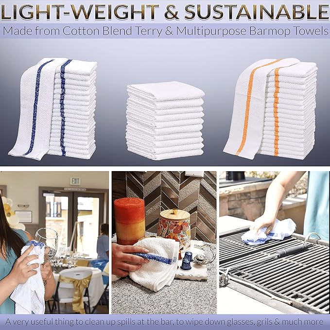 GOLD TEXTILES 120 PC New Cotton Blend White Restaurant Bar Mops Kitchen Towels 28oz (10 Dozen) (120, Blue Stripe)