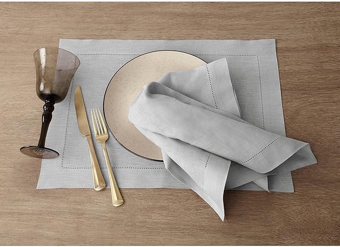 Solino Home Linen Placemats Set of 4 - Classic Hemstitch Soft Grey Placemats 14 x 19 Inch - 100% Pure Linen Table Mats for Fall, Autumn, Thanksgiving, Christmas, Winter