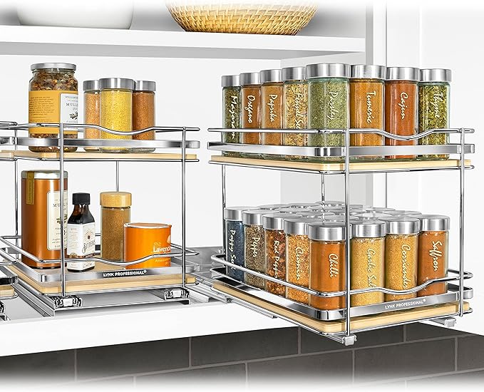 LYNK PROFESSIONAL® Élite™ Pull Out Spice Rack Organizer for Inside Kitchen Cabinets - 8-3/8 inch Wide - Slide Out Drawer – Wood/Chrome Sliding Spice Cabinet Organization Shelf Racks - 2 Tier