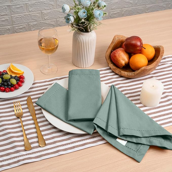 Blue Needles Set of 6 Hemstitch Linen Napkins 100% Cotton Hunter Green Cloth Dinner Napkins 18x18 inches, Soft, Reusable, Absorbent, Washable, Ideal for Fall Thanksgiving Events Parties & Everyday Use