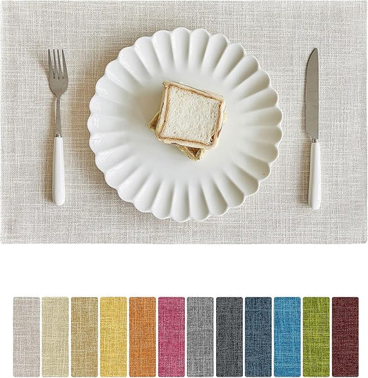 Softalker Faux Linen Placemats Set of 12-12 x 18 Inch, Heat Resistant Double Layered Durable Burlap Farmhouse Place Mats, Non-Slip Washable Rustic Table Mats for Dining, Kitchen, Party（Cream