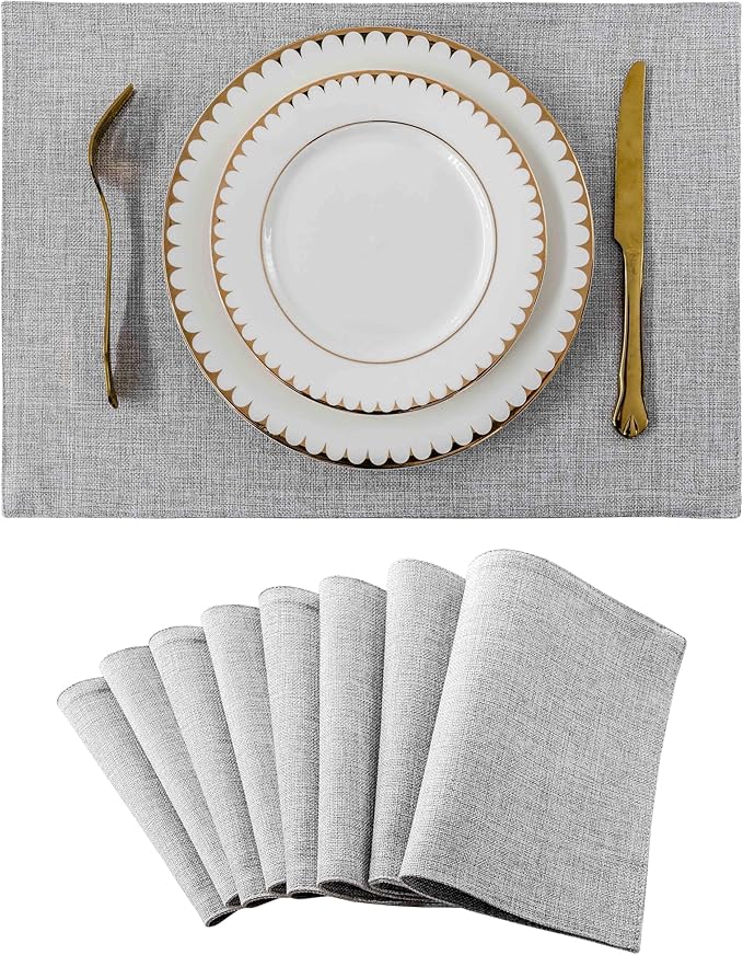 Home Brilliant Cloth Placemats Set of 8 Heat Resistant Washable Plate Mats Placemats for Parties Buffet Dinner Coasters Party Dinner Decor, 13 x 19 inches, Light Grey