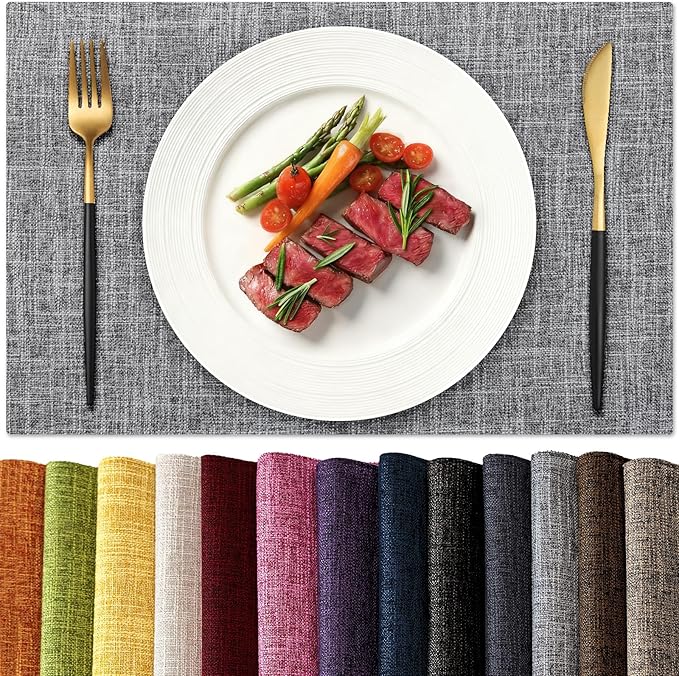 KXN Placemats Set of 8, Dual-Layer Thickened Faux Linen Table Mats, Heat Resistant & Wrinkle-Free, Machine Washable Cloth Place Mats for Kitchen Dining Indoor Outdoor (Light Grey)