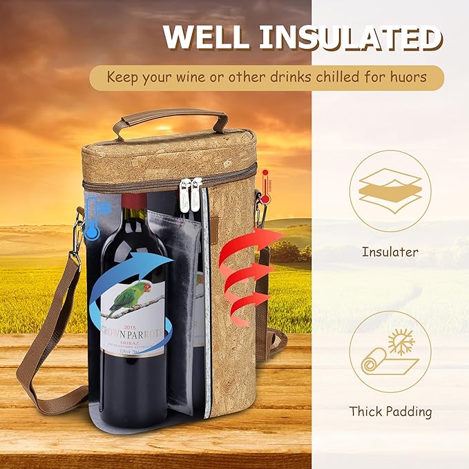 Tirrinia 2 Bottle Wine Gift Tote Carrier - Leakproof & Insulated Padded Versatile Wine Cooler Bag for Travel, BYOB Restaurant, Wine Tasting, Party, Dinner,Gift for Wine Lovers, Cork