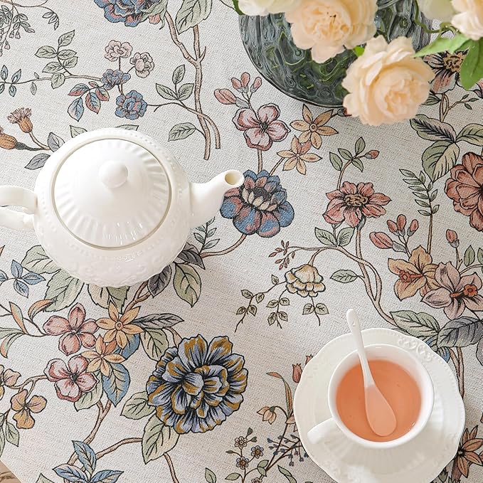 French Tablecloth for Round Tables,Linen Table Cloth with Flowers and Birds Pattern,Heavy Durable Table Cover for Dining Thanksgiving Kitchen Decor Party Christmas,Diameter 67"