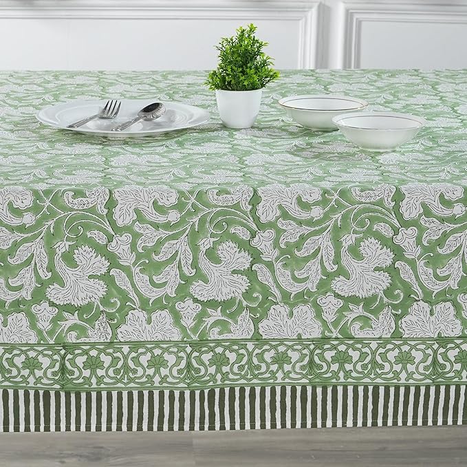 Ridhi Sage Green Hand Block Print Cotton Rectangle Tablecloth 160 x 72 inch-Reusable Table Cover Decorative Everyday Use for Dining Room, Farmhouse, Thanksgiving, Christmas Wedding, Fall