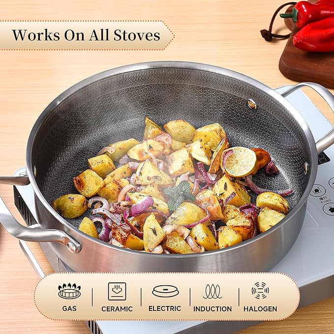 Inqibee 7 QT Hybrid Tri-Ply Stainless Steel Non Stick Sauté Pan with Lid,12 Inch Induction Deep Frying Pan,Large Skillet,Dishwasher and Oven Safe