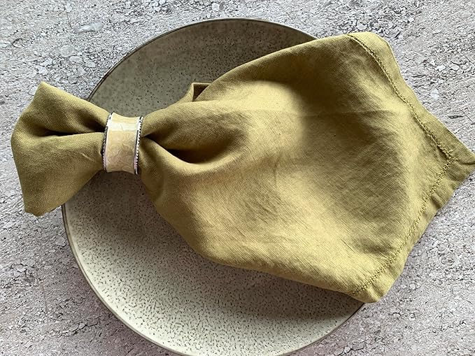 Hemstitched Linen Napkins – 20 Inch x 20 Inch – Stonewashed Pure Linen Cloth Dinner Napkins with Mitered Corners - 100% French Flax – Machine Washable - Set of 4 (Olive Green)