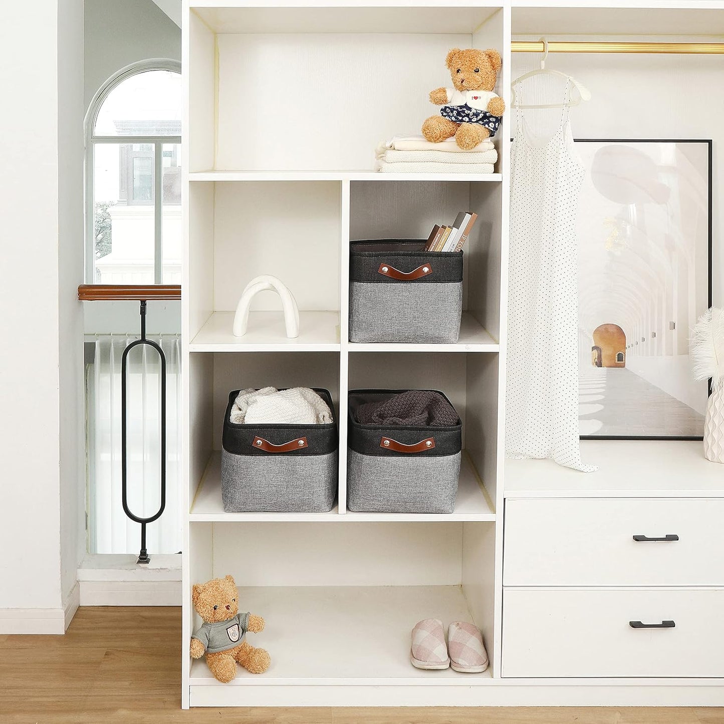 OrganiHaus Large Fabric Storage Baskets for Shelves 3 Pack | 15x11in Closet Storage Bins for Shelves | Clothes Storage Bins for Organizing | Linen Closet Organizers | Fabric Basket, Gray/Black