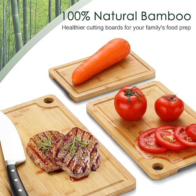 Bamboo Cutting Board Set of 3 - Durable Bamboo Cutting Boards with Deep Juice Grooves & Built-in Handles & Hanging Holes, Reversible Wooden Cutting Boards for Kitchen, Meat, Vegetables