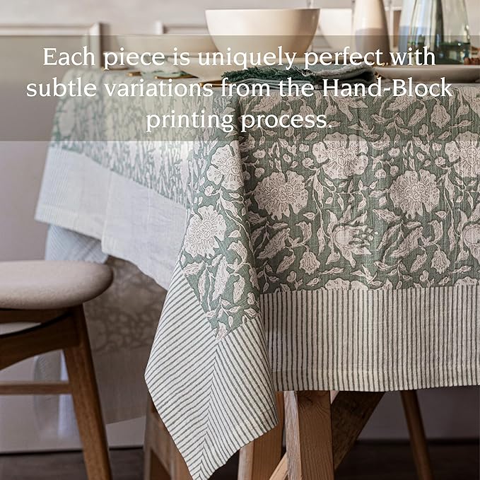 over&back Hand-Screened Tablecloth - Dining Table Cover - Each Tablecloth is Unique - 100% Cotton - Machine Washable - Kitchen and Home Decor - Green Floral - 70x90