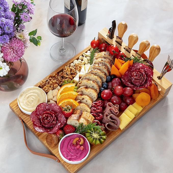 Bamboo Charcuterie Boards Gift Set with Leather Handles, Knife Set, Wine Opener, Ceramic Bowls & Forks, Recipe Book - House Warming Gifts New Home