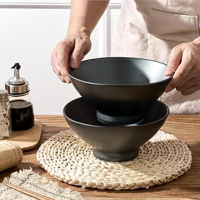 Ceramic Japanese Ramen Bowl Set, 8 Inch Large Noodle Bowl Set of 2, Dishwasher Safe for Asian Pho Udon Soba Noodle, Salad Pasta, Deep Soup Bowls, Black Reactive Metallic Color