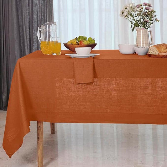 D'Moksha Homes Linen Rust Tablecloth 60 x 132 Inch - 100% Pure Linen Rectangular Tablecloth - Machine Washable Table Cloth for Fall and Halloween