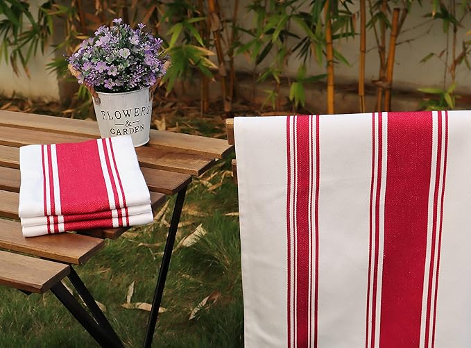 AMOUR INFINI Kitchen Towels 100% Cotton Pack of 4, Highly Absorbent Quick Drying Premium Striped Dish Towel for Kitchen with Hanging Loop Hand & Tea Towels (Red)