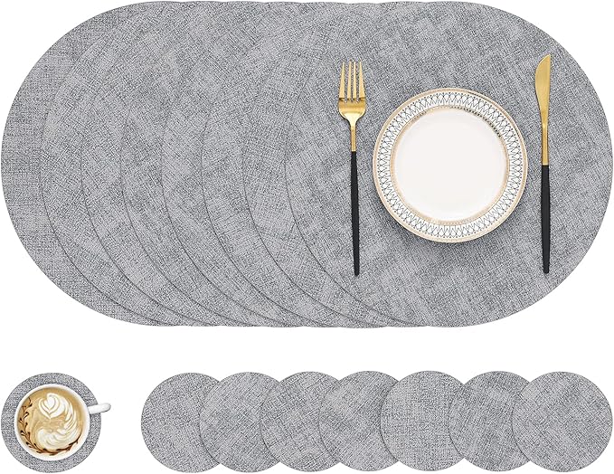 homing Round Faux Leather Placemat and Coaster 8 Packs, Washable Heat Resistant Dining Place Mats, Wipeable Double-Sided Table Mats for Indoor and Outdoor, Diameter 13 and 3.93 inch, Light Grey