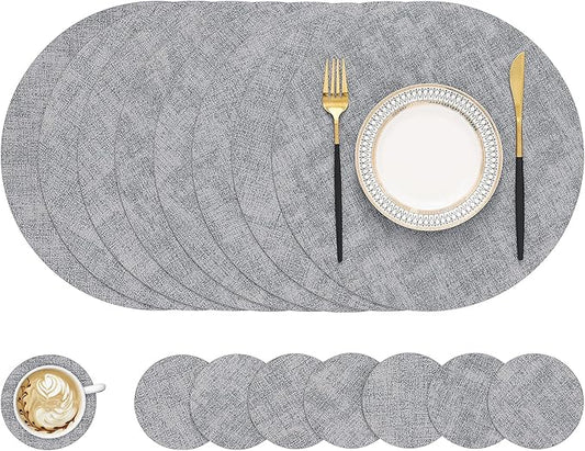 homing Round Faux Leather Placemat and Coaster 8 Packs, Washable Heat Resistant Dining Place Mats, Wipeable Double-Sided Table Mats for Indoor and Outdoor, Diameter 13 and 3.93 inch, Light Grey