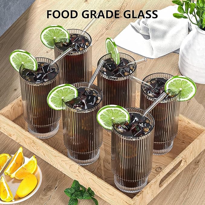 16OZ Glass Cups with Lids and Straws, Vintage Glassware for Whiskey Cocktail Beer, Iced Coffee Cups with Lid, Glass Tumbler with Straw and Lid (2 PACK)
