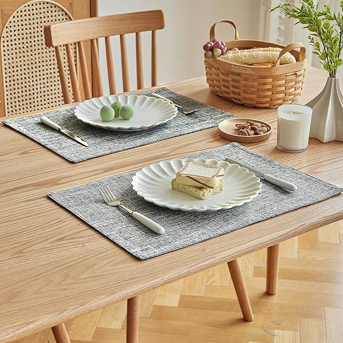 Softalker Faux Linen Placemats Set of 8-12 x 18 Inch, Heat Resistant Double Layered Durable Burlap Farmhouse Place Mats, Non-Slip Washable Rustic Table Mats for Dining, Kitchen, Party（Ash Grey