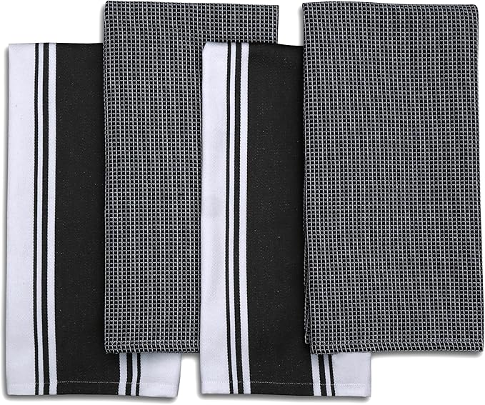 AMOUR INFINI Cotton Kitchen Towels - Set of 4 Highly Absorbent, Ultra Soft Waffle Weave Tea Towel with Hanging Loop - 20x28 Inch Quick Drying Dish Cloths for Cleaning (Black)