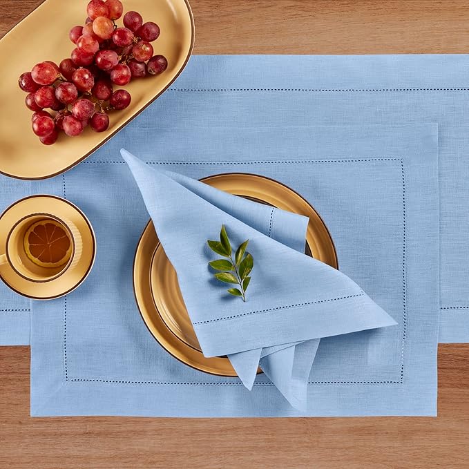 Solino Home Linen Cloth Placemats Set of 4-100% Pure Linen Hemstitch Cornflower Blue Placemats 14 x 19 Inch - Classic Hemstitch Table Place Mats for Christmas, Holiday