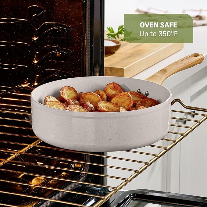 T-Fal Revive Ceramic Nonstick Cookware Set, Oven Safe Up to 350ºF, 12-Piece, Includes Stockpot, Saucepan, Skillet, Frying Pans, Utensils, Ceramic Pots and Pans Set, Beige Granite