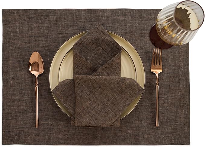 Solino Home Linen Placemats Set of 4-100% Pure Linen Chambray Brown Cloth Placemats 14 x 19 Inch for Fall, Autumn, Thanksgiving - Athena