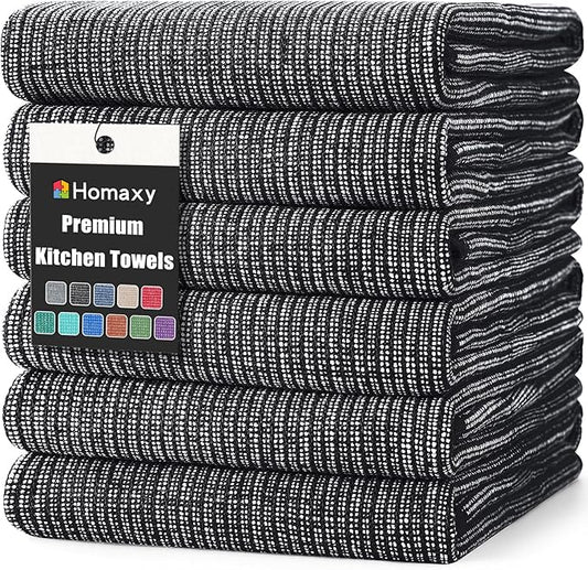 Homaxy Premium Kitchen Towels(18”x 28”, 6 Pack), Large Cotton Kitchen Hand Towels, Flat and Terry Dish Towels, 380 GSM Highly Absorbent Tea Towel Set with Hanging Loop, Black