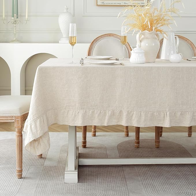 Linen World Ruffle Linen Tablecloth, 100% French Linen Natural Tablecloth 108" x 60" Inch, Washable Rectangular Tablecloth for Dining, Outdoor, Weddings and Restaurants, Decorative Valentine Easter