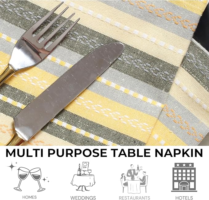 Yellow Thanksgiving Dinner Cloth Napkins Set of 12, 18x18 Inches Holiday Napkins Machine Washable, Soft, Cotton Blend - for Everyday, Lunch, Weddings, Parties - Multi Salsa Stripe