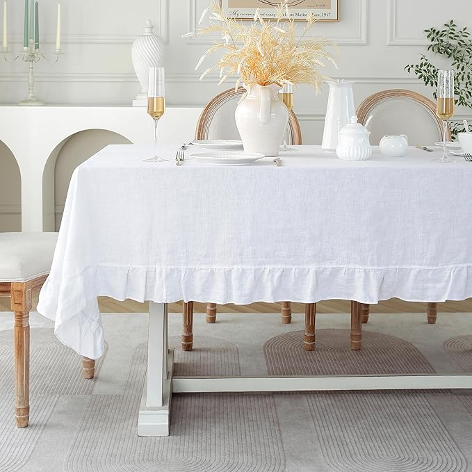 Linen World Ruffle Linen Tablecloth, 100% French Linen White Tablecloth 108" x 60" Inch, Washable Rectangular Tablecloth for Dining, Outdoor, Weddings and Restaurants, Decorative Valentine Easter