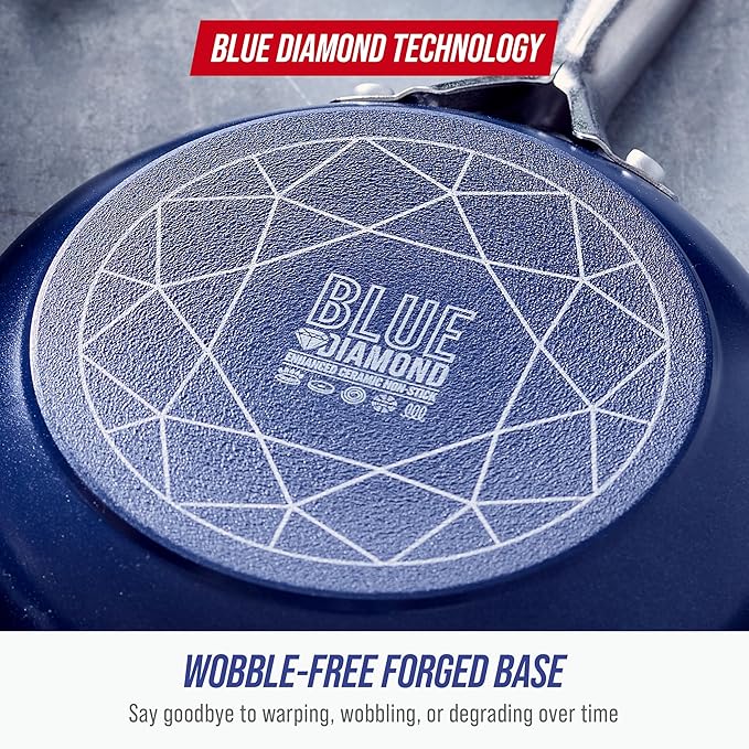 Blue Diamond 14" Nonstick Frying Pan Skillet, Diamond Infused PFAS & PTFE-Free Ceramic Pot, Dishwasher & Oven Safe, Stay Cool Handle, Durable Non Toxic Metal Utensil Safe, Family Jumbo Pan, Blue