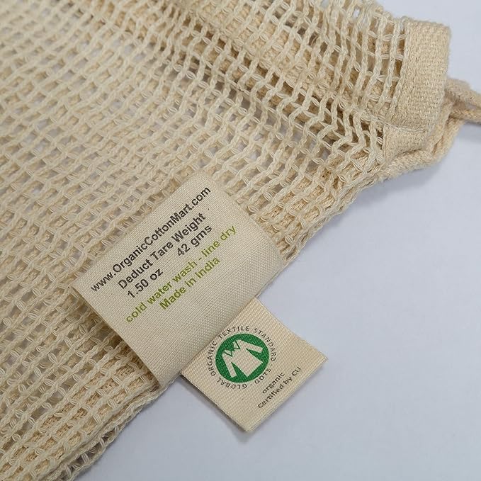 Reusable Cotton Mesh Produce Bags - 100% Organic Cotton, 8"x10", Drawstring Closure Mesh Bags to Store Cilantro, Lime and Small Vegetables and Produce (3 Small - 8"x10")