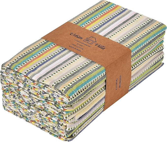 Urban Villa Cloth Napkins Set of 12 20x20 Inches 100% Cotton Napkins Cloth Washable Durable Reusable Absorbent Table Dinner Napkins Cloth for Hotel Lunch Restaurant Weddings Parties – Beige Stripes