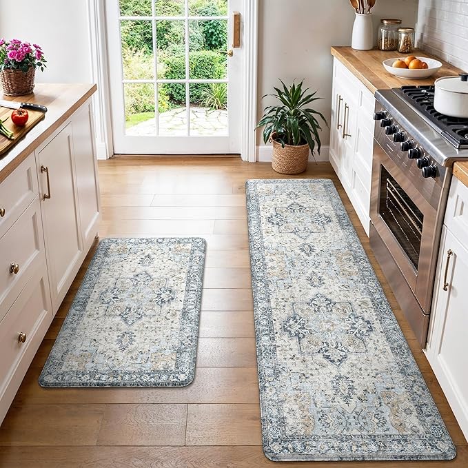 GENIMO Kitchen Mats for Floor 2PCs, Washable Anti Fatigue Mat for Cushioned, 23.6"x71"+20" x 32", Waterproof Kitchen Rugs, Non Slip Comfort Standing Mat Rug for Home, Sink, Laundry, Light Blue