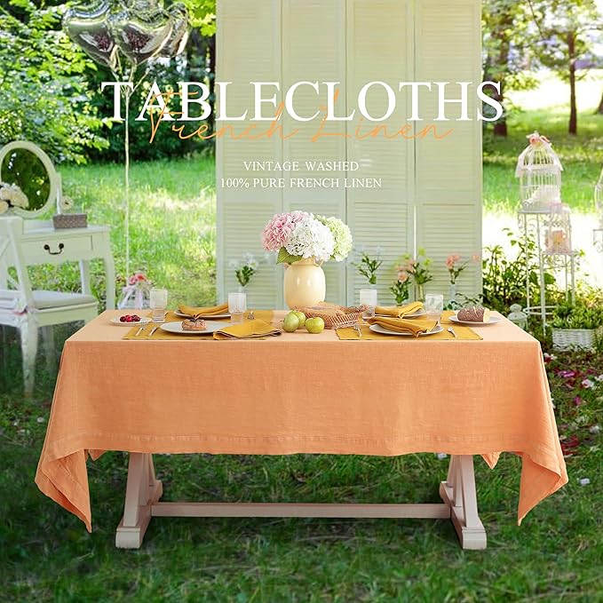Linen World Vintage Tablecloths 60x90 Inch,100% French Linen Tablecloth,Classic Vintage Washed Table Cloths for Kitchen,Outdoor,Weddings,Decorative Valentine Easter,Pale Peach